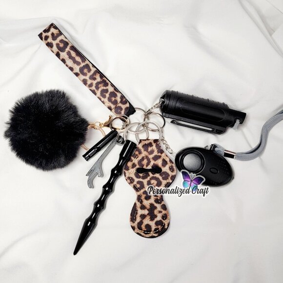 8 Piece Leopard Safety Keychain Set, Pepper Spray, Window Breaker, Alarm + More - Picture 1 of 2